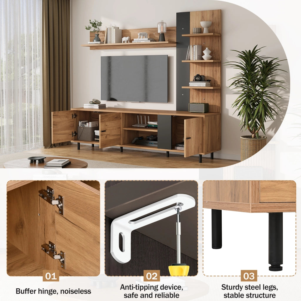 Mobile porta TV con 3 ante e ripiani aperti, per soggiorno, in truciolare, legno e nero, 187,5 × 40 × 167 cm