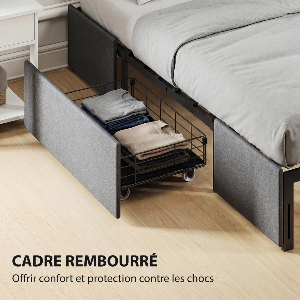 Letto contenitore matrimoniale imbottito con 3 cassetti e rete a doghe ¨C zephmum ¨C grigio 140x190 cm