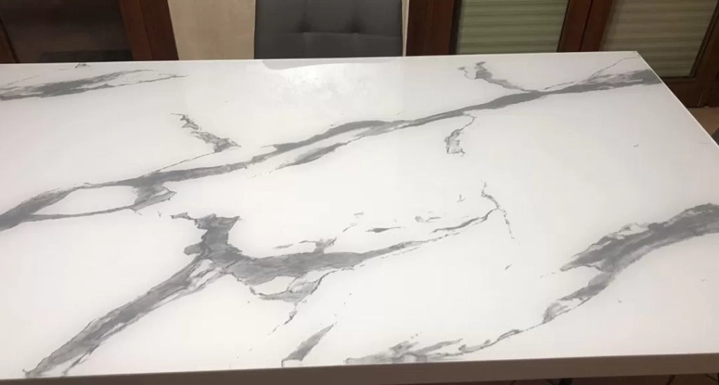 Tavolo vetro chiaro serigrafato pietra allungabile misura l.140 p.90 h.76(aperto(190x90)