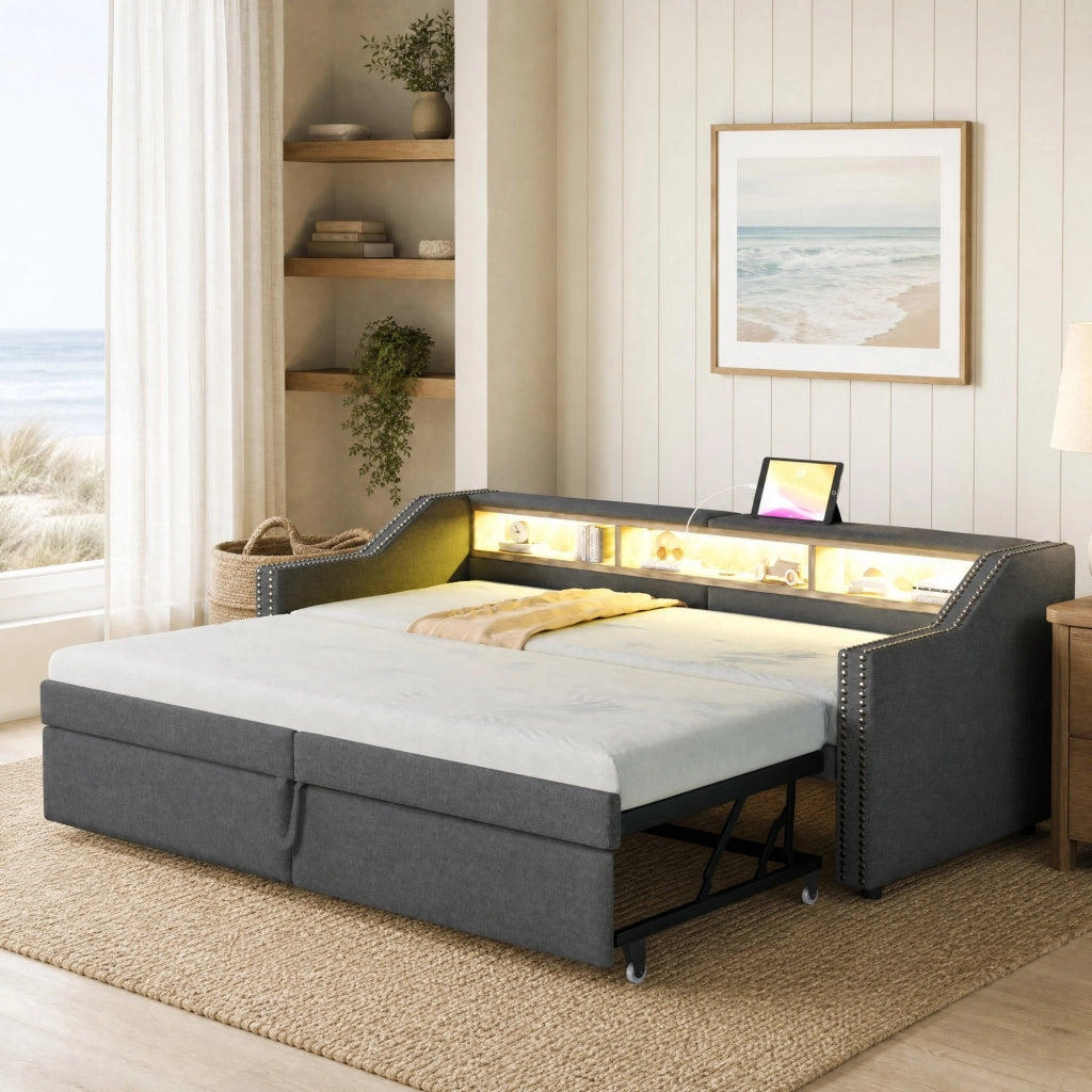 Divano letto estraibile 90/180x200 cm con LED e USB grigio scuro
