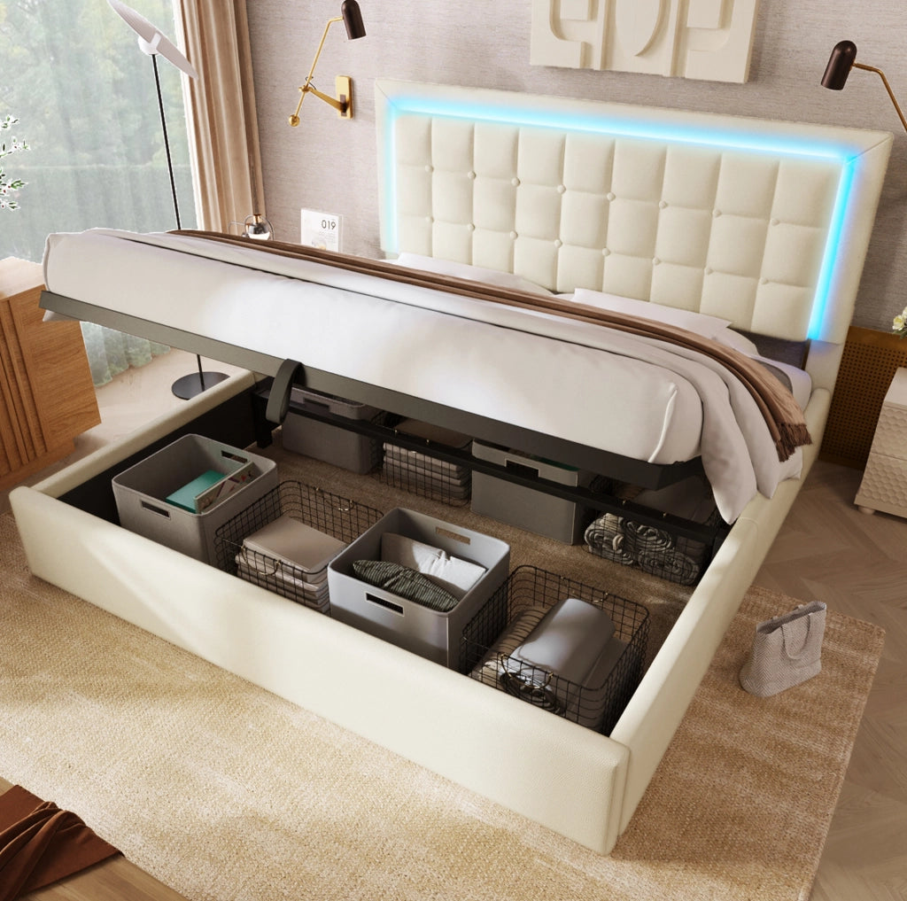 Letto matrimoniale imbottito 180x200 cm in PU bianco con LED; contenitore e rete a doghe