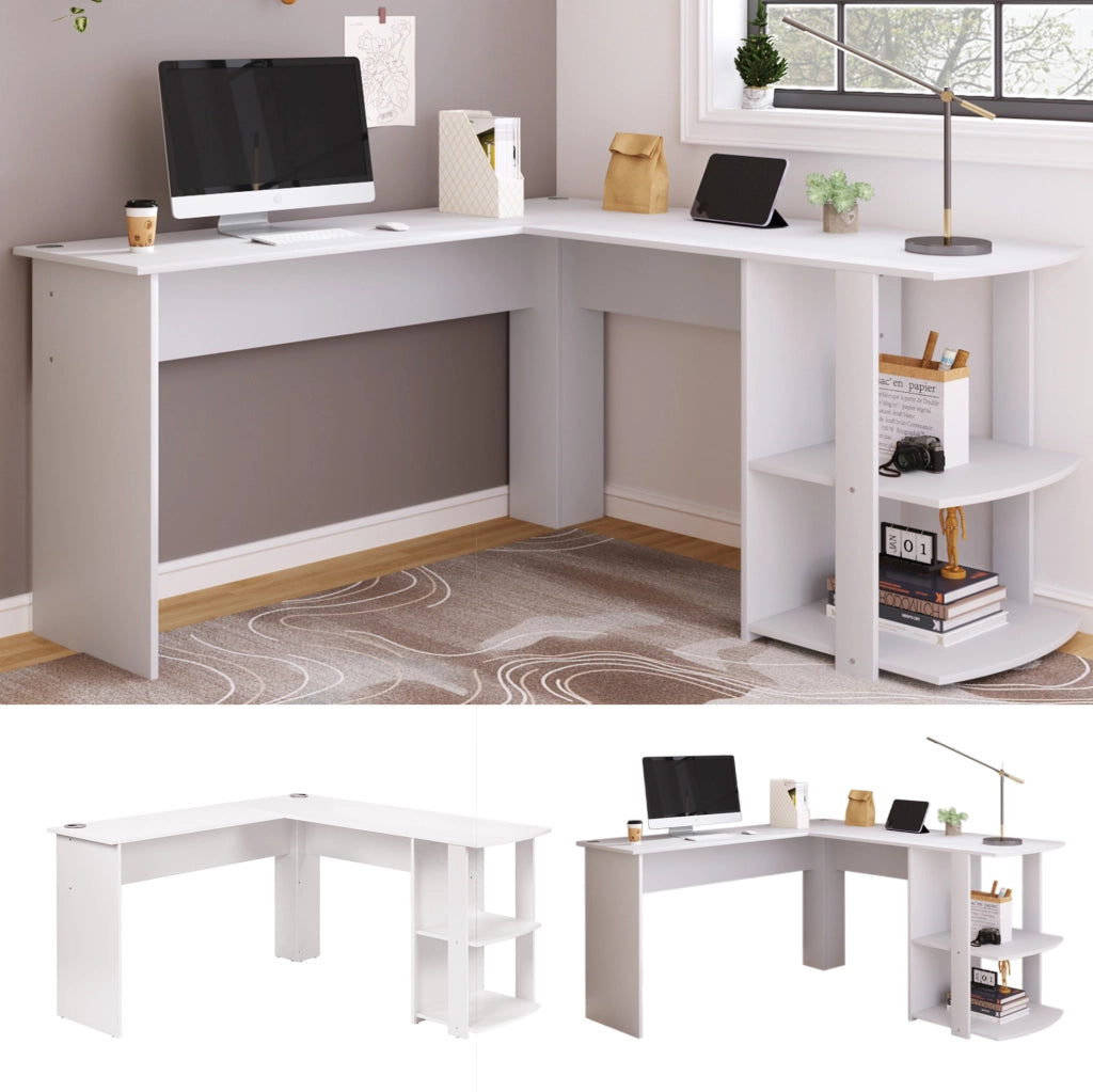 Scrivania angolare a L bianca 140 x 140 cm con ripiano a 2 livelli