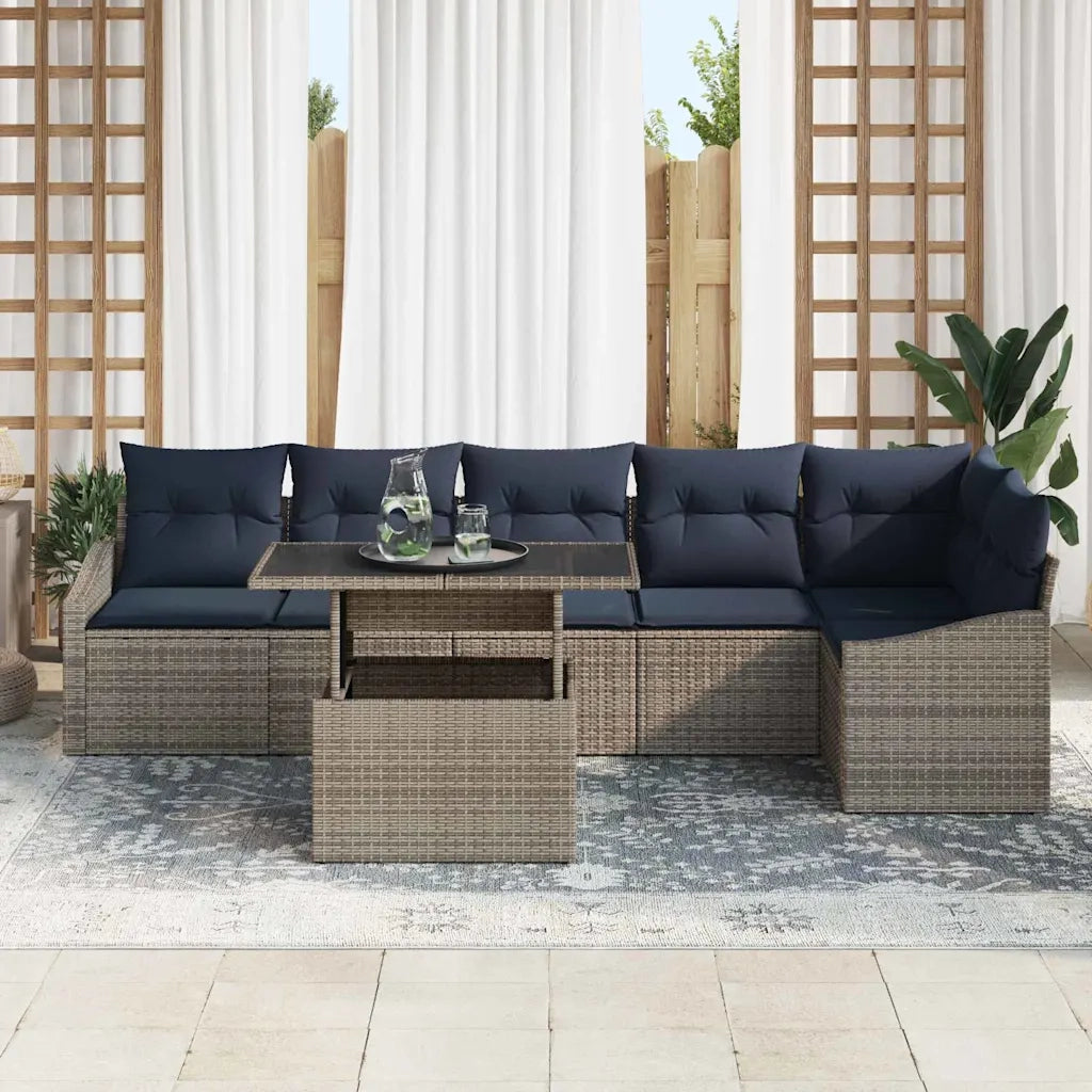 Set Divano da Giardino con cuscino 7 pcs Grigio e Blu Navy