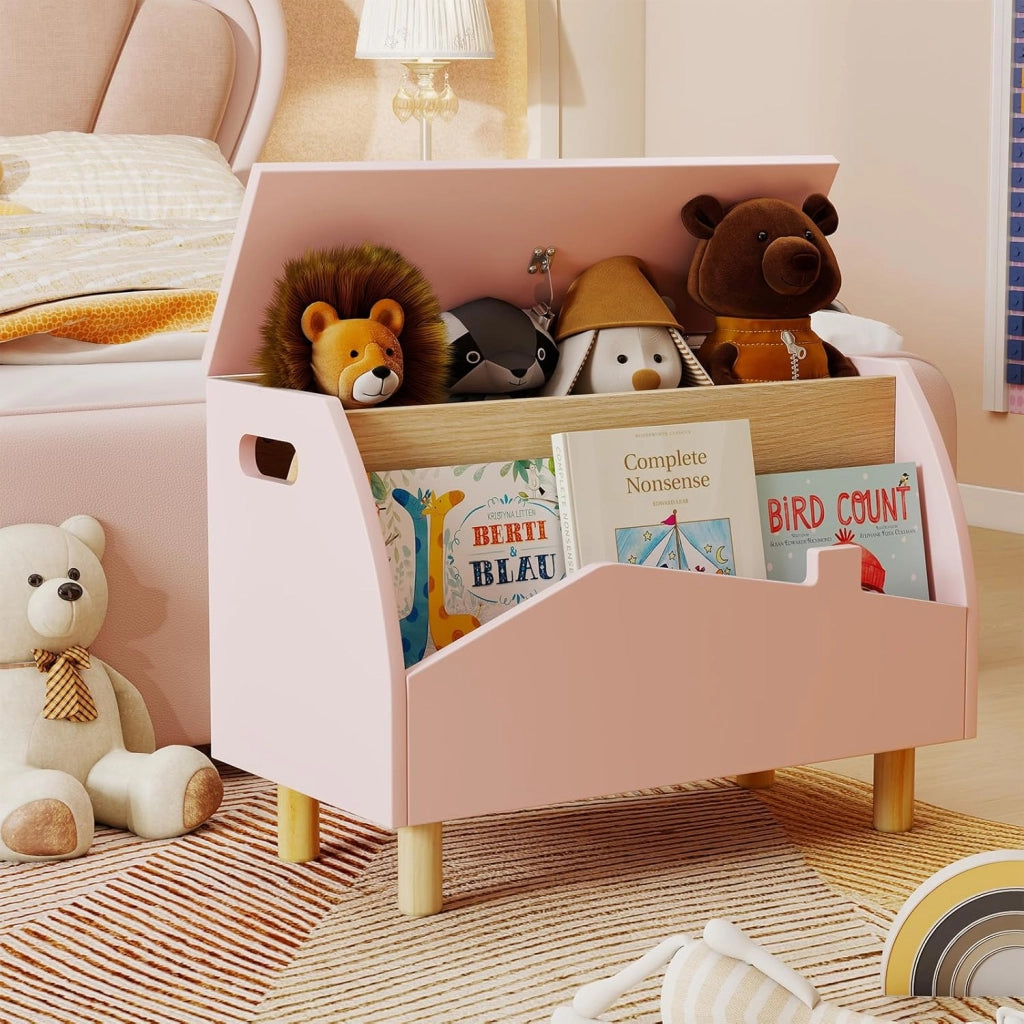 libreria Montessoriana 2-in-1 per Bambini in Legno, Scaffale Porta Libri e Giocattoli con Cassone, Coperchio Ammortizzato e Maniglie, Ideale per Cameretta e Nido, 60 x 30 x 44 cm (Rosa)