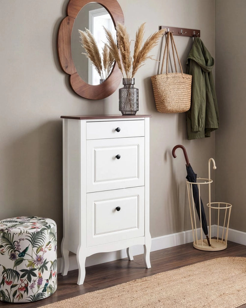 Scarpiera Bianca in MDF con Gambe Cabriolé Stile Shabby Chic Francese