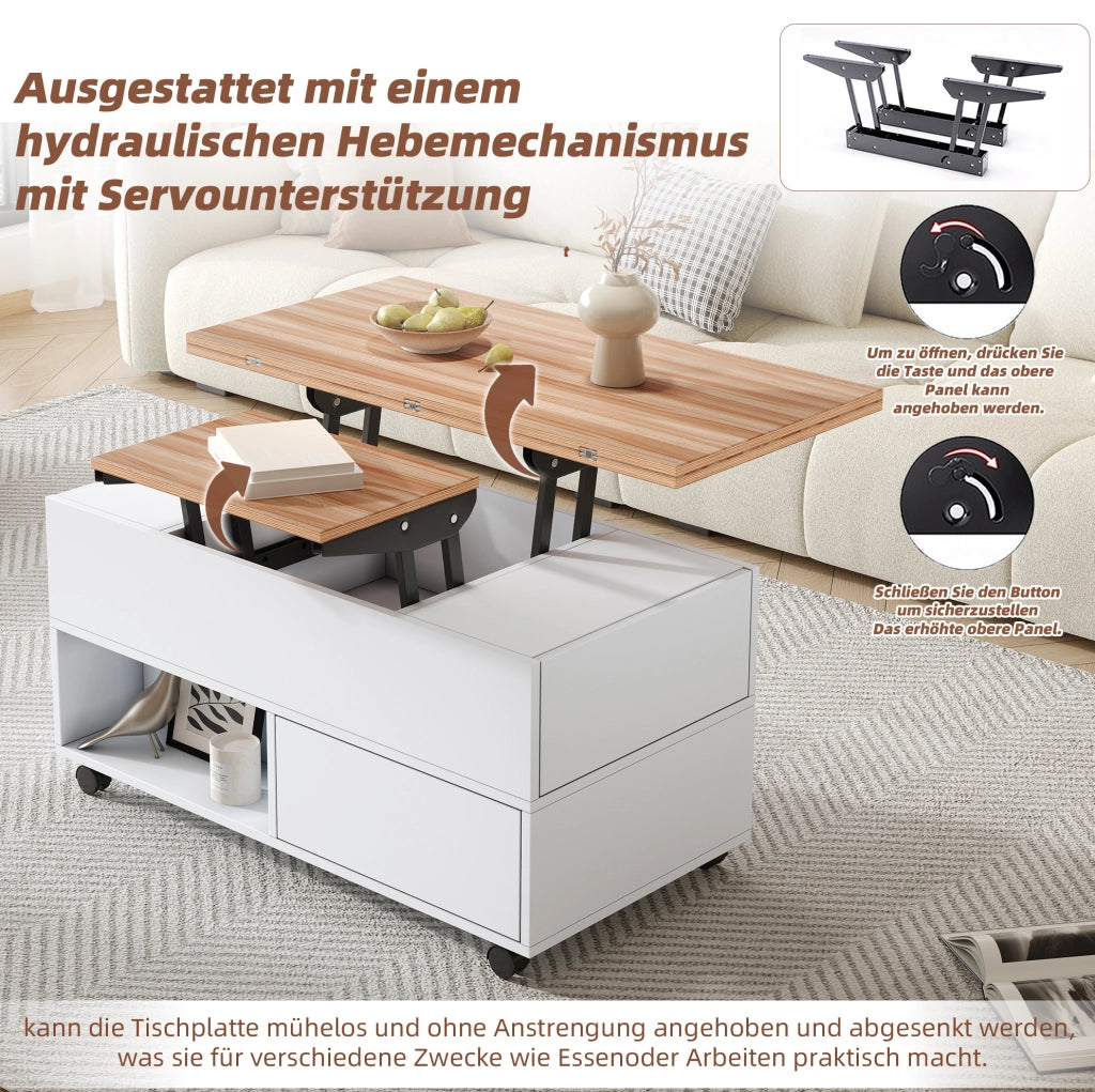 Tavolino elevabile con ruote e 4 cassetti bianco rovere
