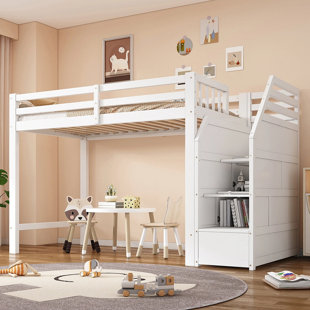 Letto mezzanino 90x200cm - Xylo - bianco, EN747, doghe, spazio vestizione