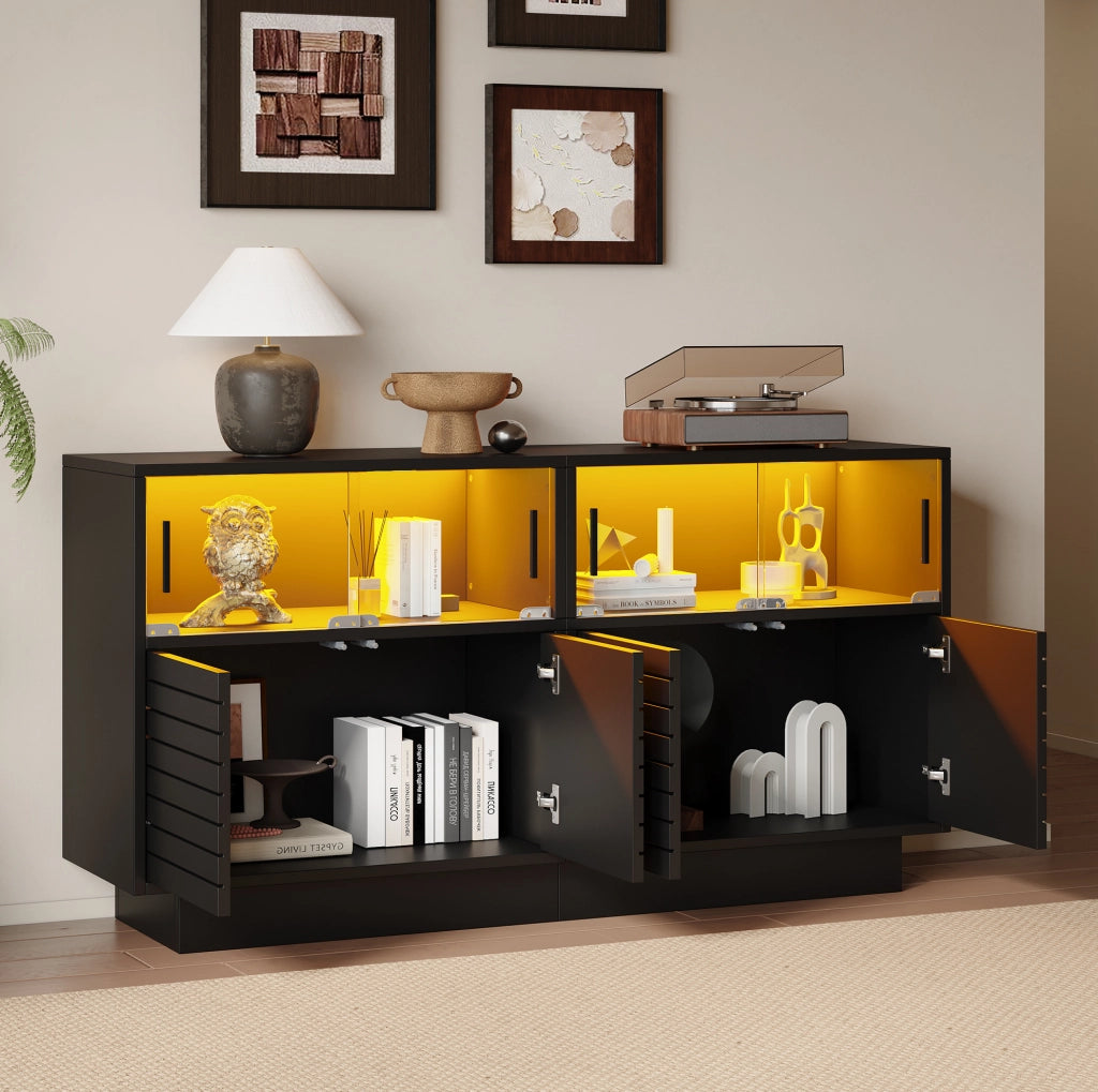 Credenza 130x35x68 cm con LED e ante scorrevoli in vetro; truciolato e vetro temperato nero