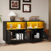 Credenza 130x35x68 cm con LED e ante scorrevoli in vetro; truciolato e vetro temperato nero
