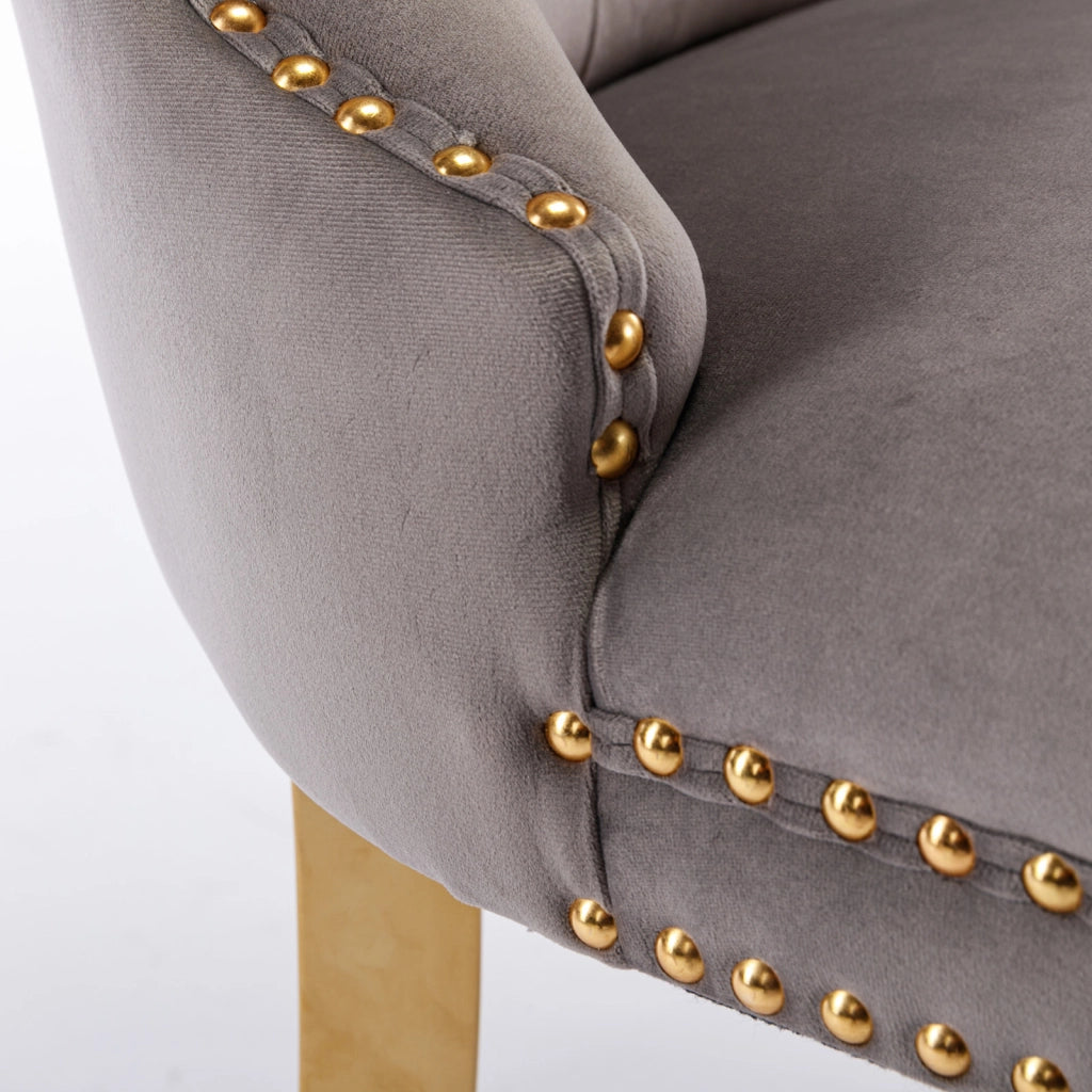 Sedie da Pranzo Imbottite in Velluto ¨C MINIMAL ¨C Set 2 Pezzi, Legno Massello, Gambe Oro, Grigio