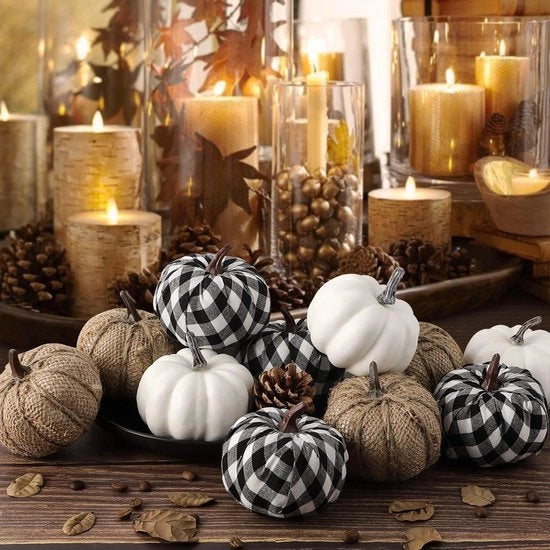 Decorazione di Halloween Pomponi 12 pezzi Grande Piccolo Plaid di Tessuto Juta Spugna Plastica Faux Pomponi Artificiale Festa di Ognissanti Festa della Vendemmia Decorazione da Tavola Casa