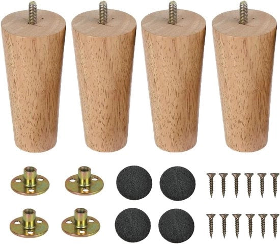 Poten da tavolo in legno - 4 pezzi conica - Viti di sostituzione 12cm - Poten per mobili in legno - Zampe da cassettone con piatto di montaggio e gomme adesive per tavolo - divano - letto - cassettone