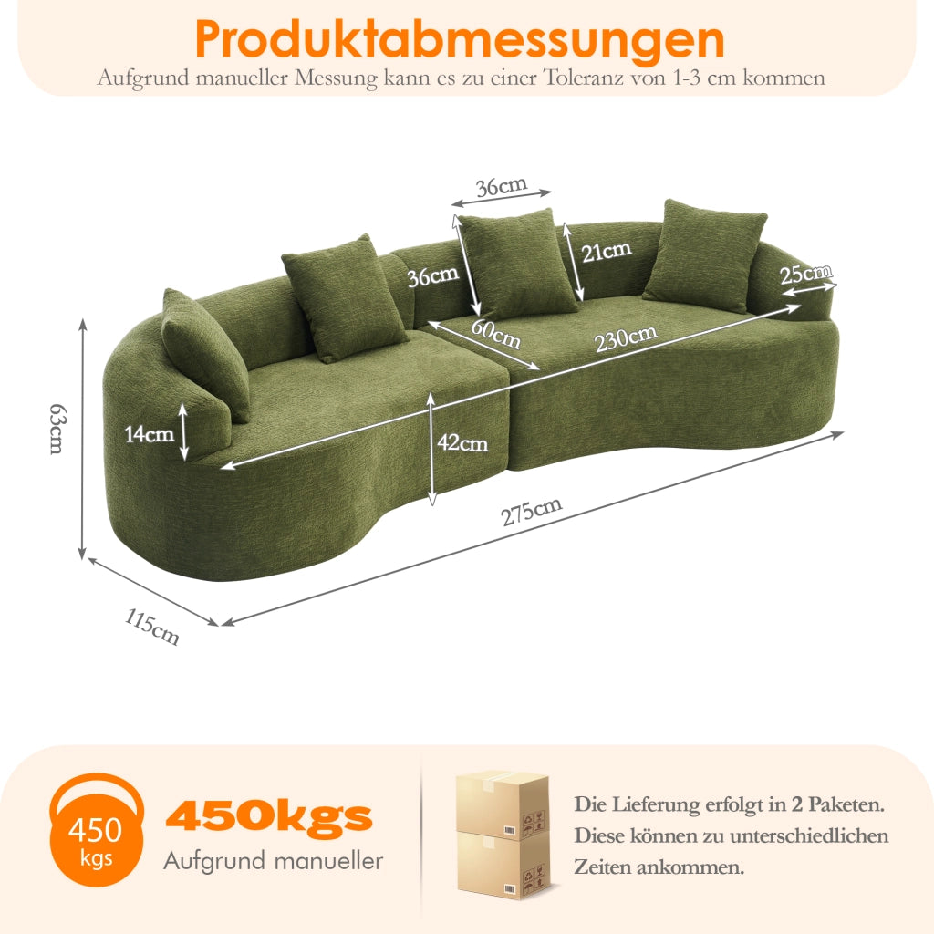Divano 4 posti curvo in chenille con design lussuoso, morbido e senza montaggio, facile da spostare, verde