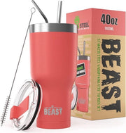 Bicchiere termico da un uso 1100 ml, corallo, bicchiere termico per caffè pronto con 2 beccucci e spazzola di pulizia, biberon a doppia parete in acciaio inossidabile