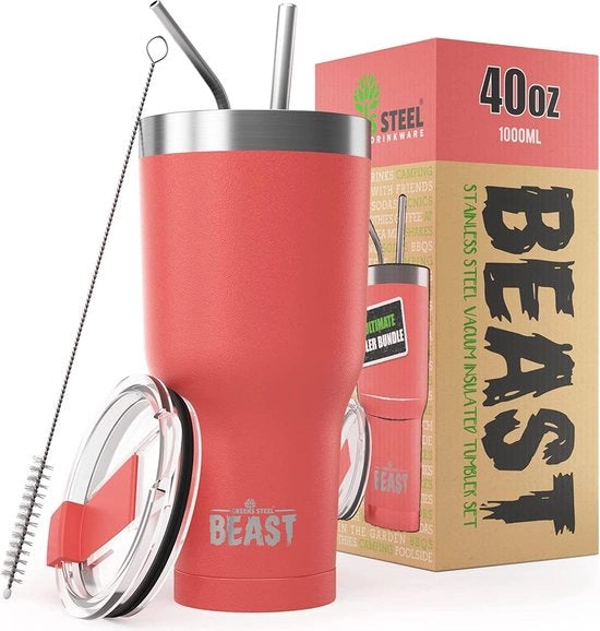 Bicchiere termico da un uso 1100 ml, corallo, bicchiere termico per caffè pronto con 2 beccucci e spazzola di pulizia, biberon a doppia parete in acciaio inossidabile