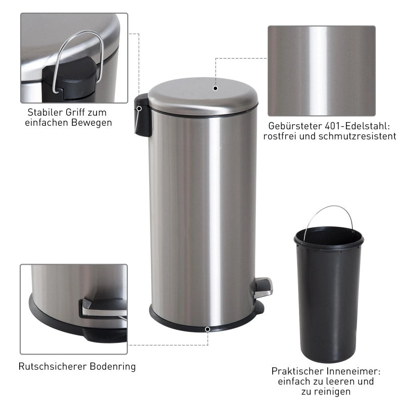 Cestino a pedale da 30 l in acciaio inox con secchio interno