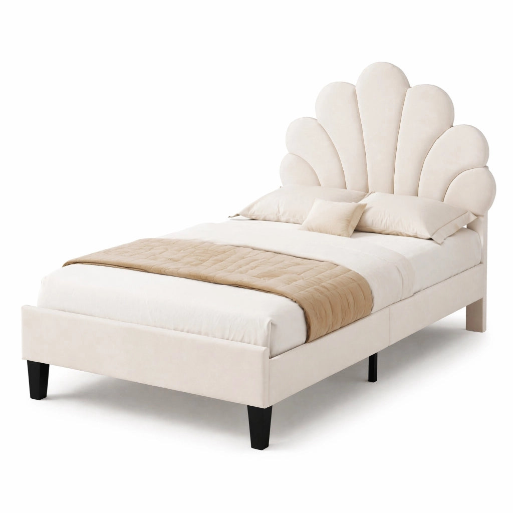 Letto imbottito 90x200 cm con testiera a forma di fiore; velluto beige