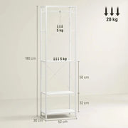 APPENDIABITI CON SCARPIERA A 2 LIVELLI, BARRA APPENDI ABITI, 4 GANCI, MENSOLA SUPERIORE, 52X30X180 CM, BIANCO