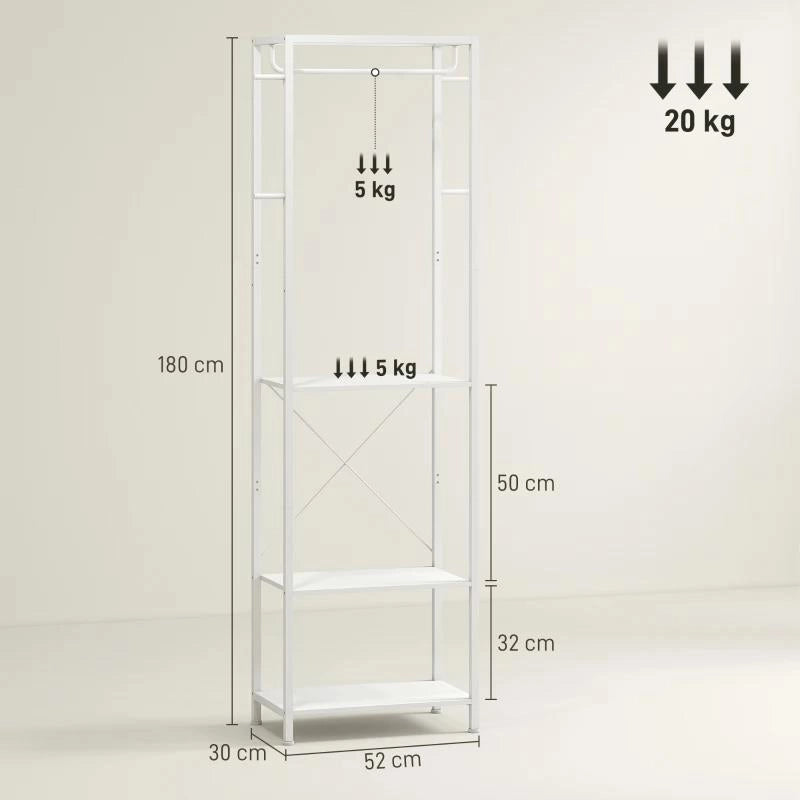 APPENDIABITI CON SCARPIERA A 2 LIVELLI, BARRA APPENDI ABITI, 4 GANCI, MENSOLA SUPERIORE, 52X30X180 CM, BIANCO