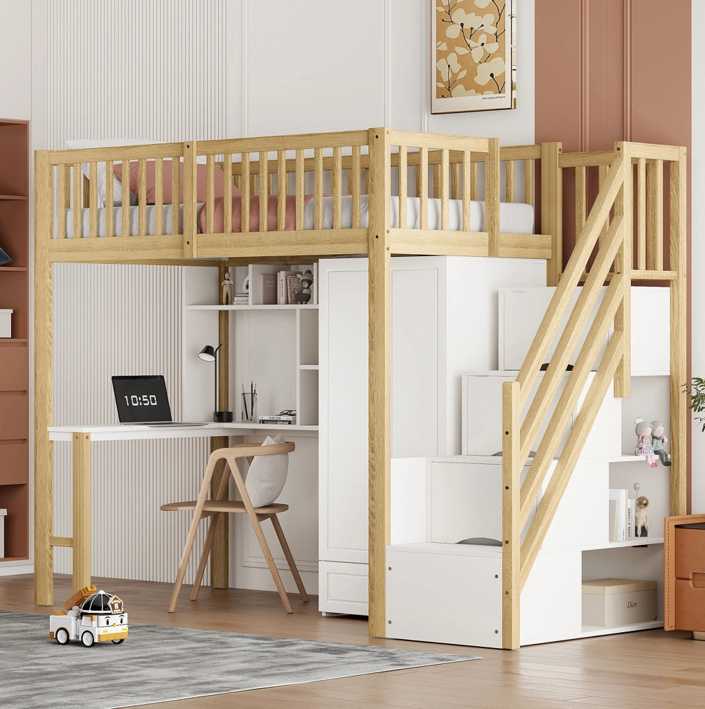 Letto a soppalco 90x200 con armadio, scrivania e scala