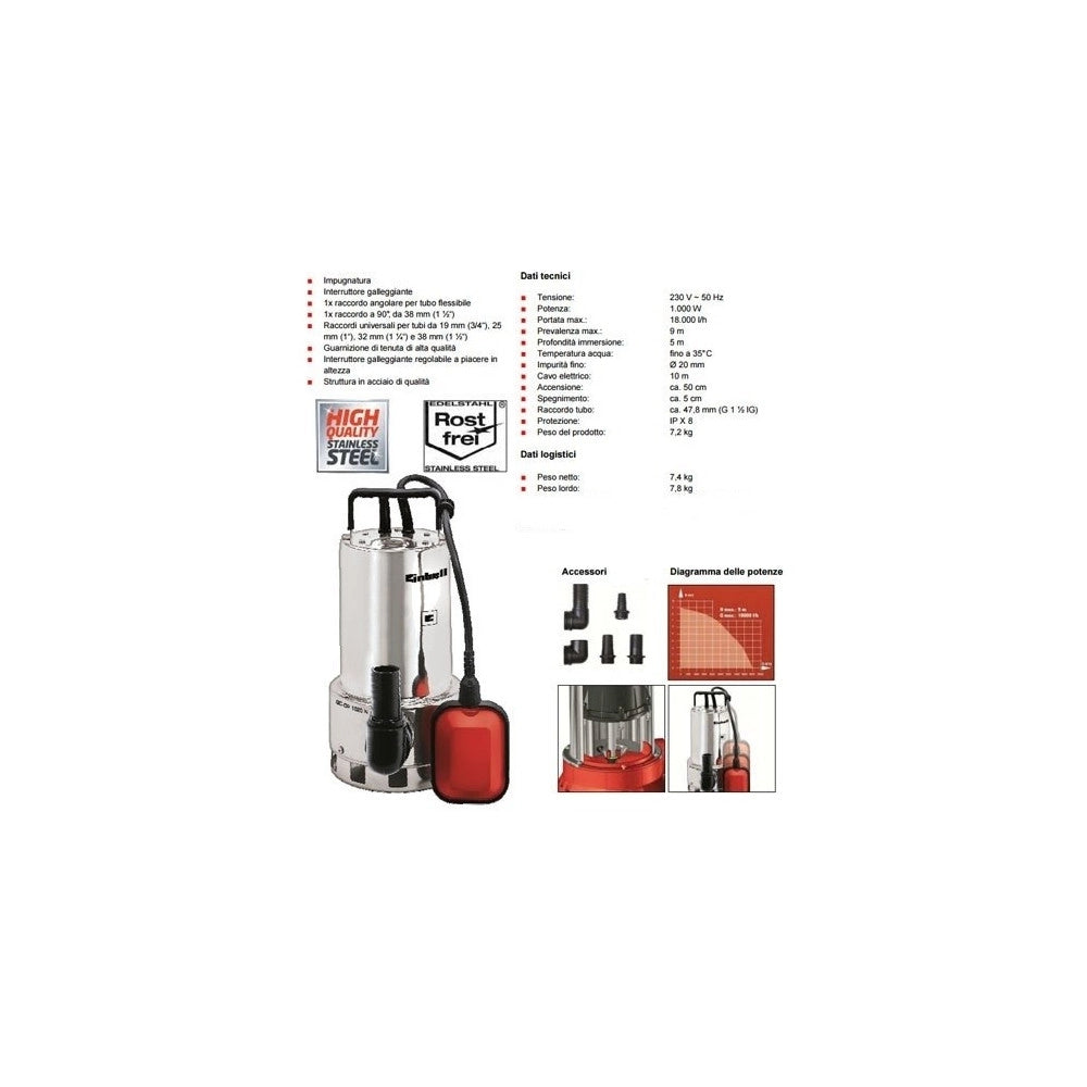 Trade Shop - Pompa Sommersa Einhell Gc-dp 1020 N Portata Max 18.000 L/h Acque Scure -