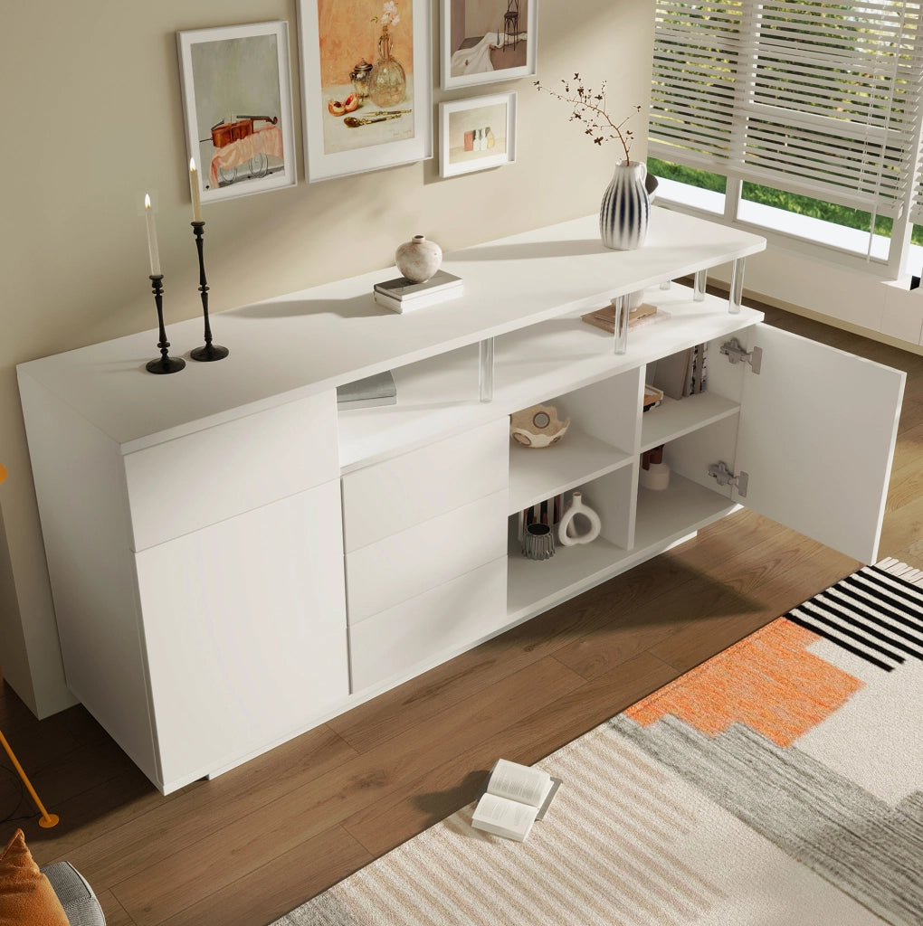 Credenza ULEVR 160x40x75 cm bianca con LED, 4 cassetti, 2 ante e ripiani regolabili