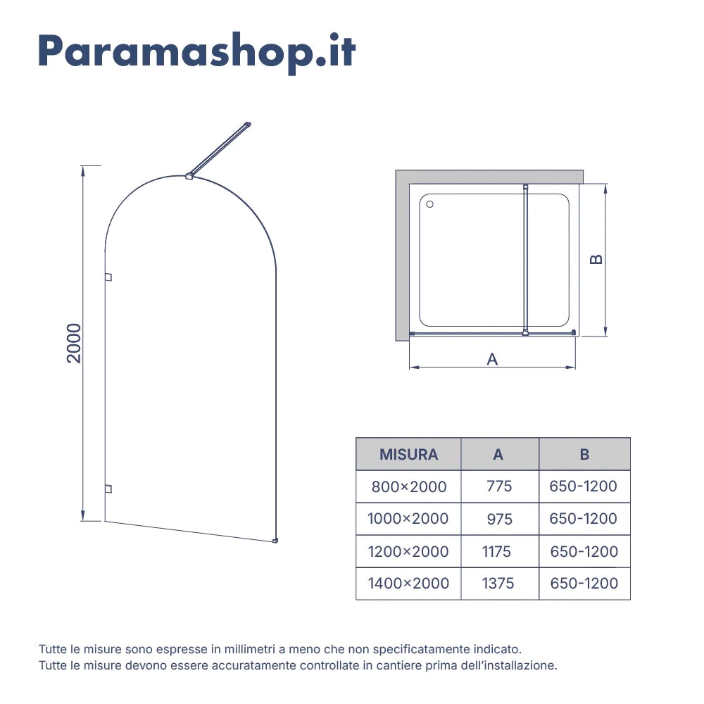 Doccia walk-in arco 100cm con cerniere cromate vetro trasparente 8mm easy clean h200| Nusa