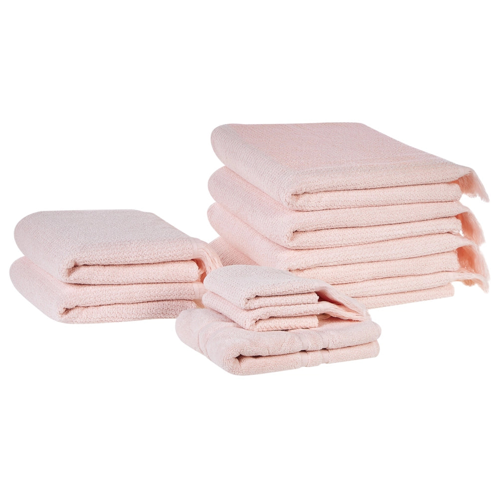 Set di 9 asciugamani bagno in spugna di cotone rosa pastello con nappe decorative