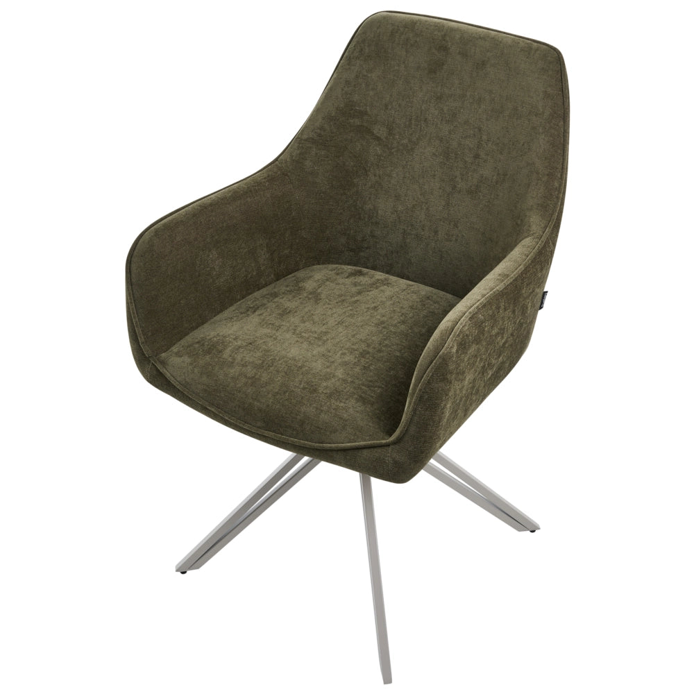 Set di 2 sedie da pranzo girevoli in tessuto verde scuro con braccioli e schienale, gambe in metallo beige, stile retrò-contemporaneo