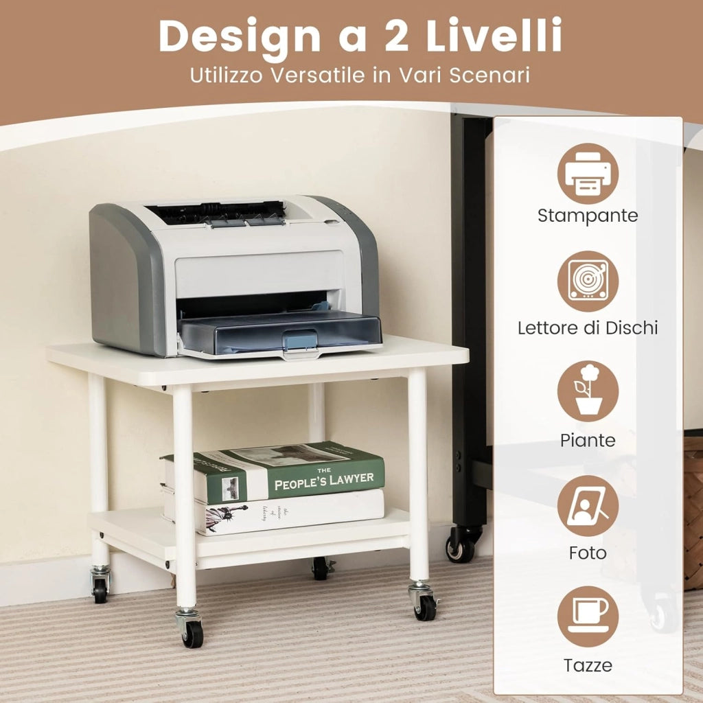 Supporto per Stampante, Carrello Stampante con Ruote Girevoli a 360⁰, Design Rimovibile, Superficie Ampia e Liscia, di Legno e Acciaio, 49 x 40 x 37 cm (Bianco)