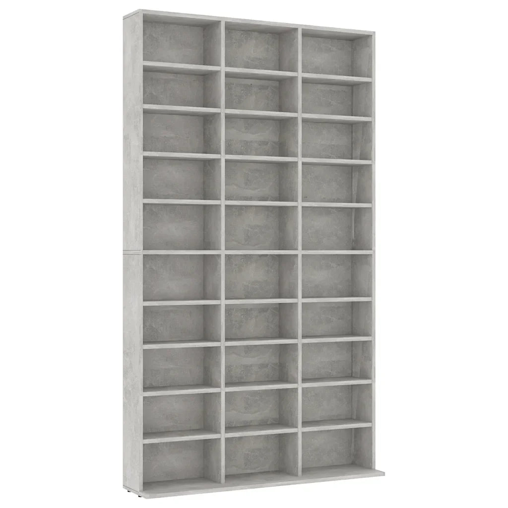Elegante mobile porta CD con 30 scomparti a giorno 102 x 16 x 177 cm realizzato in legno composito grigio cemento 02_0047690