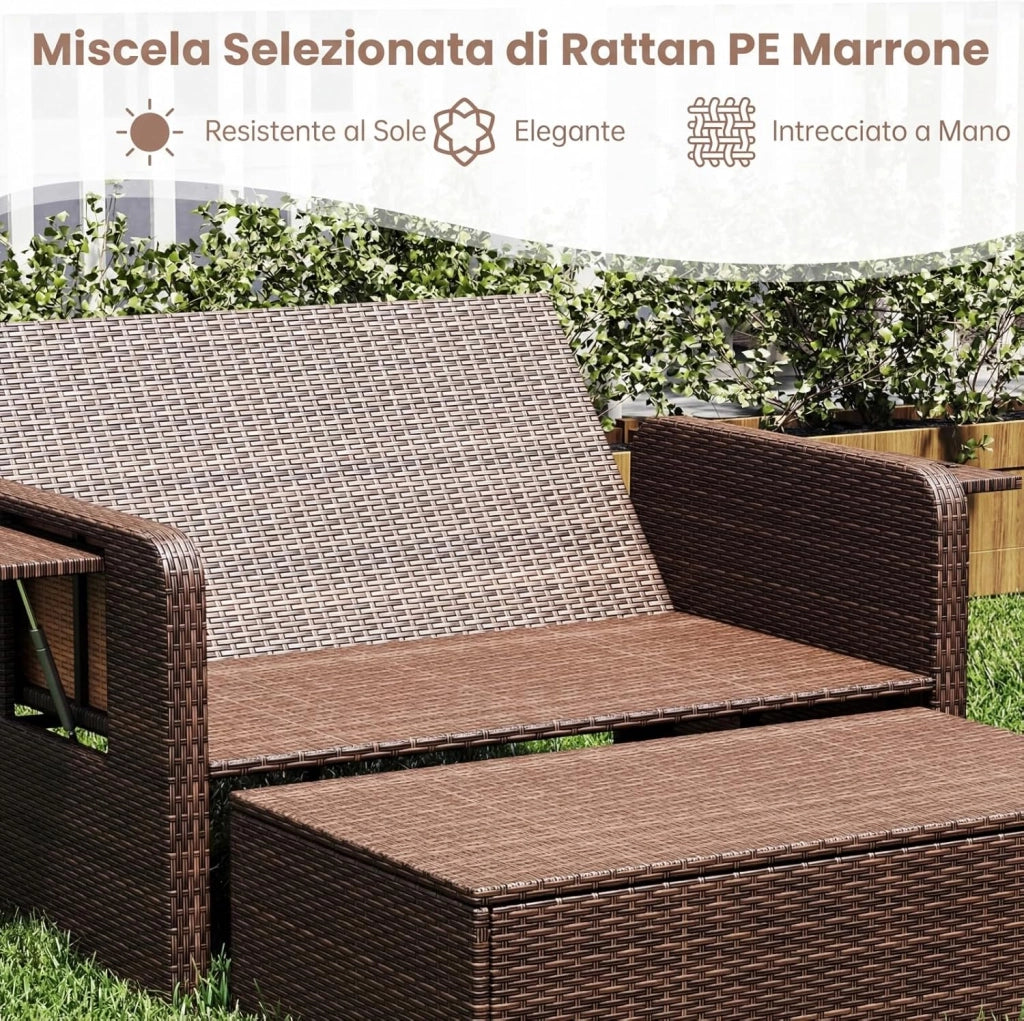 Lettino Prendisole in Rattan, Set 2 Pezzi con Divanetto & Pouf Contenitore, Schienale Regolabile a 4 Livelli e Tavolini Laterali Pieghevoli, Sdraio Doppia per Giardino e Piscina (Bianco)