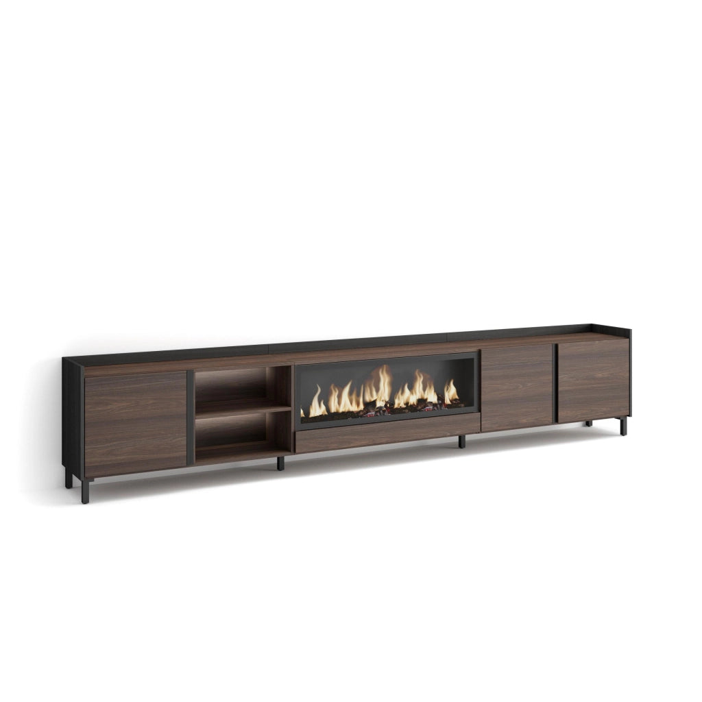 Mobile TV Soggiorno, 315x61x35 cm, Per TV fino a 80", Camino elettrico XXL, Design industriale, LED, Rovere scuro e Nero