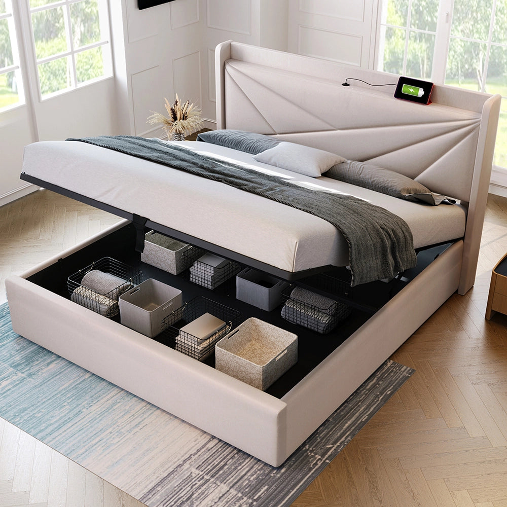 Letto a cassone imbottito - Xylo - 180x200 cm - Beige - Testiera con USB