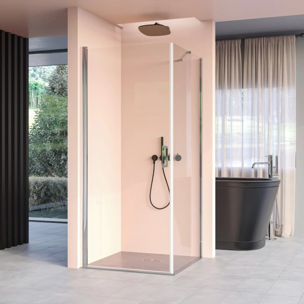 Box doccia angolare con porta battente e lato fisso h195cm 6mm salema, misura 90x80