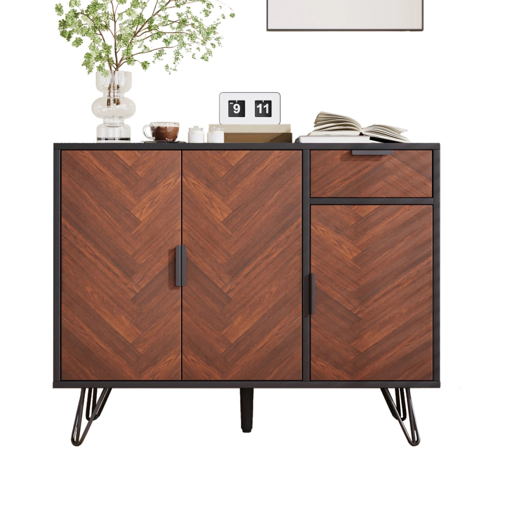 Credenza con 3 Ante e 1 Cassetto; Ripiani Regolabili in Altezza; Stile Moderno; in MDF; Nero e Legno; 90??30??71;5 cm
