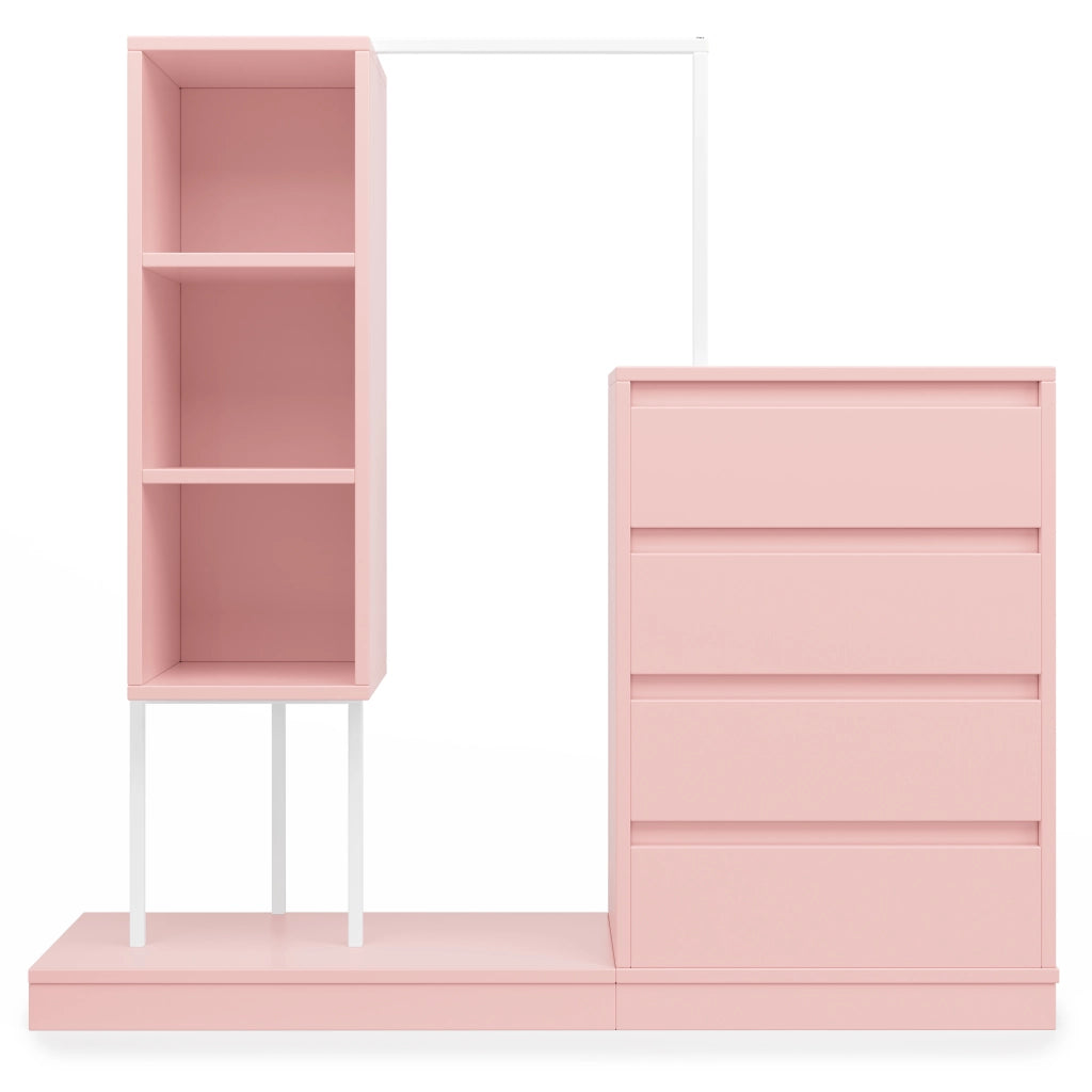 Armadio multifunzione con cassetti e barra appendiabiti, 140 x 40 x 135 cm, rosa e bianco