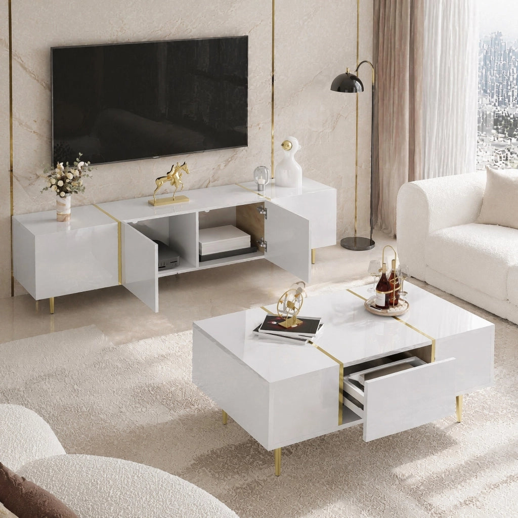 MOBILE TV e Tavolino Set 2 unità 170/100 cm MDF Bianco lucido