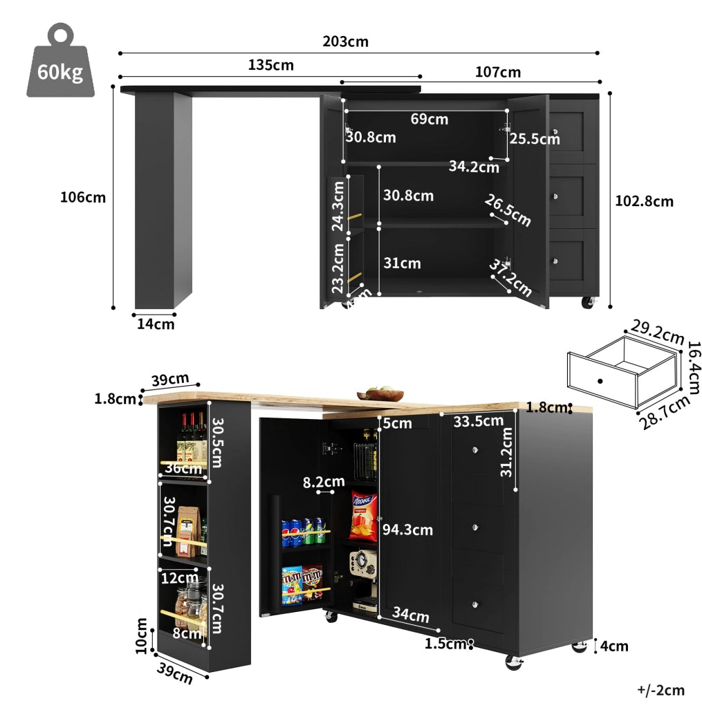 Mobile bar 203x39x106 cm girevole a 360° con ruote; in MDF nero