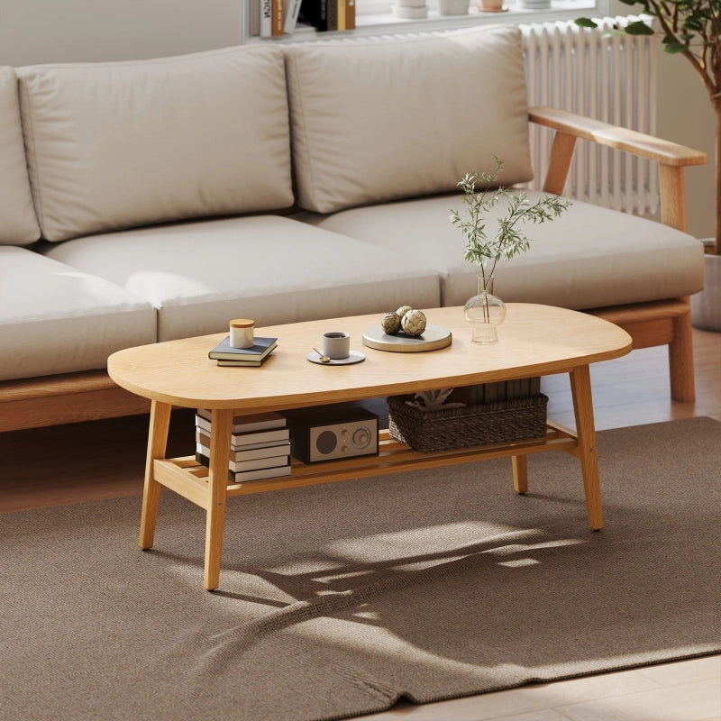 Tavolino basso ovale con ripiano inferiore, per soggiorno e uso quotidiano, 120 × 60 × 42 cm, effetto legno naturale