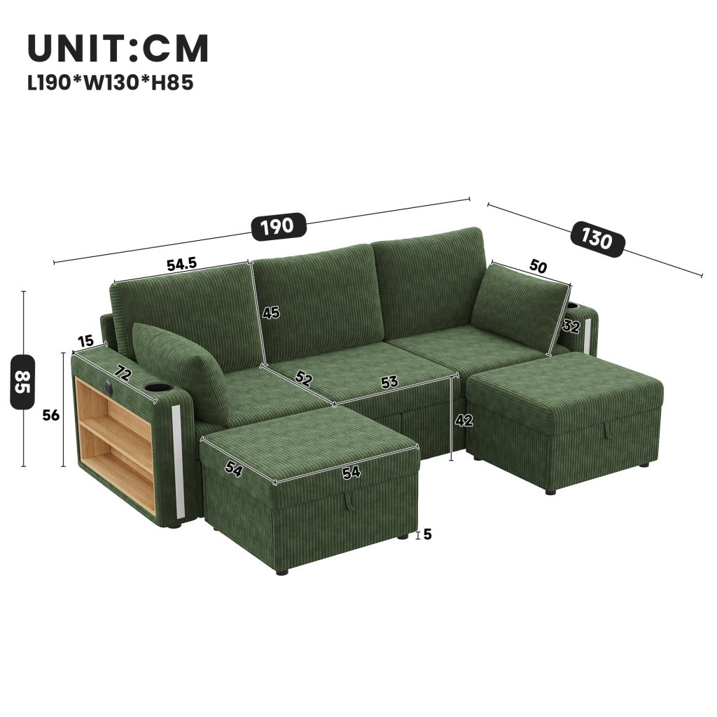 Divano modulare U/L con 2 pouf contenitore; LED; USB/Type-C; 190x130x85 cm; velluto a coste verde
