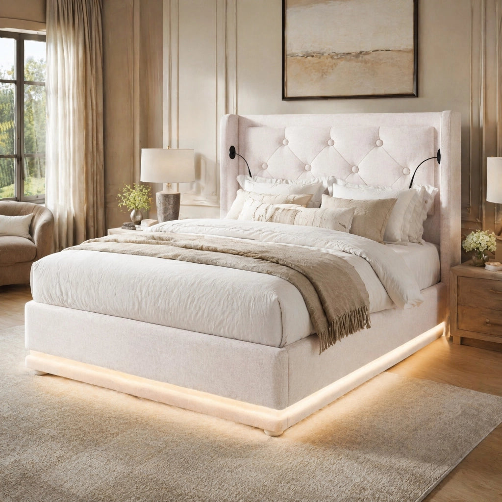 Letto singolo imbottito 90x200 cm beige con contenitore idraulico, testiera con USB Type-C e LED a 3 lati, con materasso