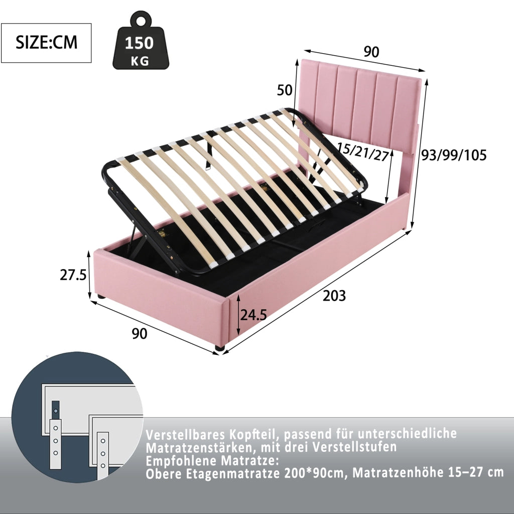 DESMIU Letto per Bambini 1 Posto con Contenitore Idraulico, Testiera Regolabile, 90 × 200 cm, senza materasso, Rosa