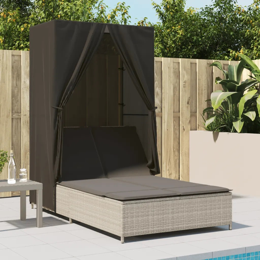 Lettino Prendisole | Sdraio da giardino | Lettino da sole Tetto e Tende Grigio Chiaro in Polyrattan
