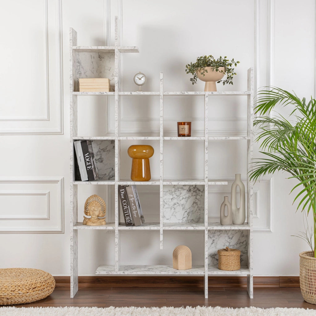 Libreria in legno "Manco" - 122 x 25 x 188 cm - Bianco marmorizzato