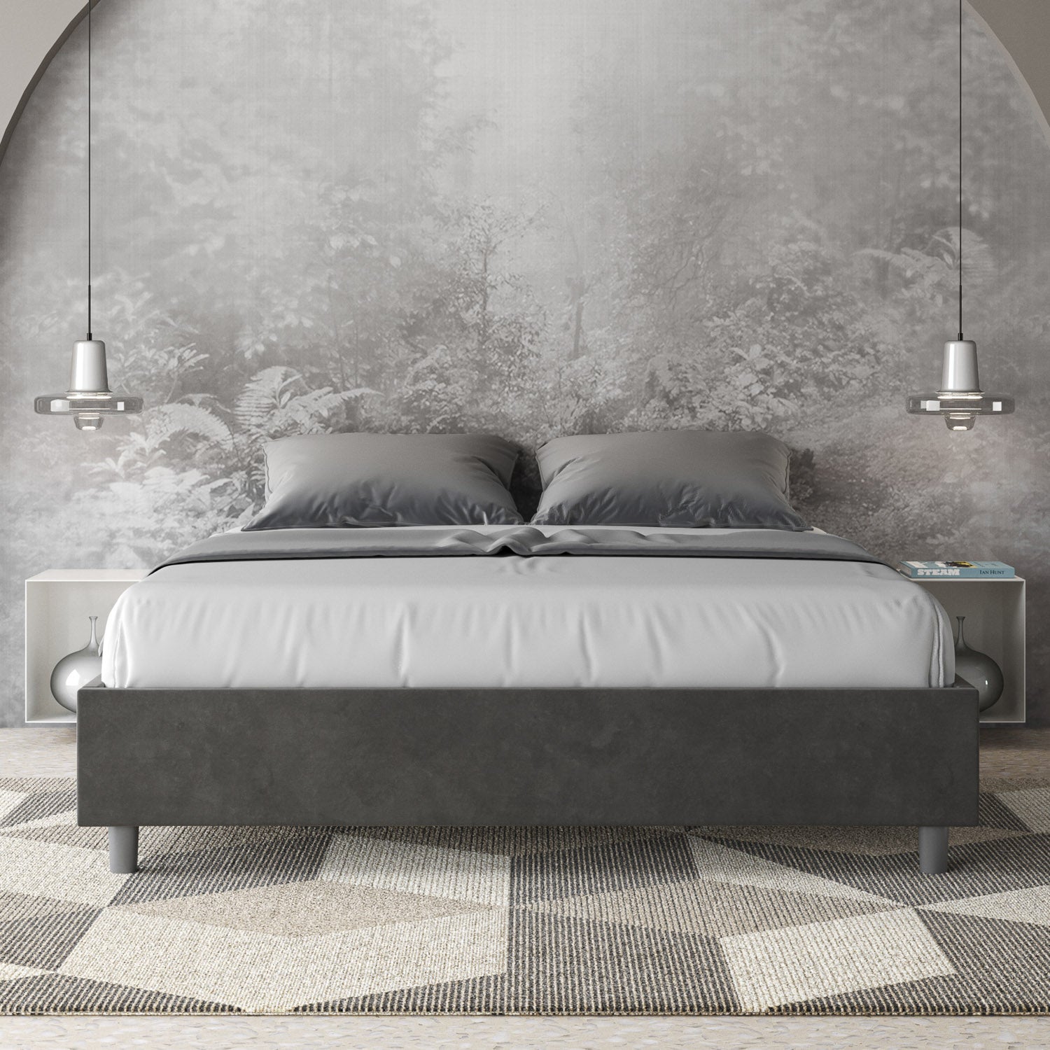 Letto Matrimoniale 160x210 cm con Rete e Contenitore Giroletto con Alzata Comoda Imbottito in Microfibra Azelia Grigio