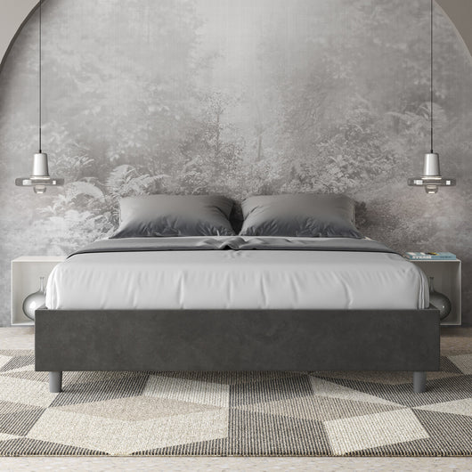 Letto Matrimoniale 160x210 cm con Rete e Contenitore Giroletto con Alzata Comoda Imbottito in Microfibra Azelia Grigio