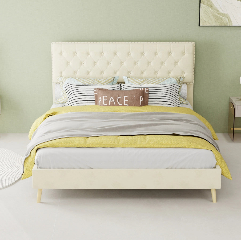 Letto 140x200 cm in velluto olandese beige con testiera alta e rete a doghe