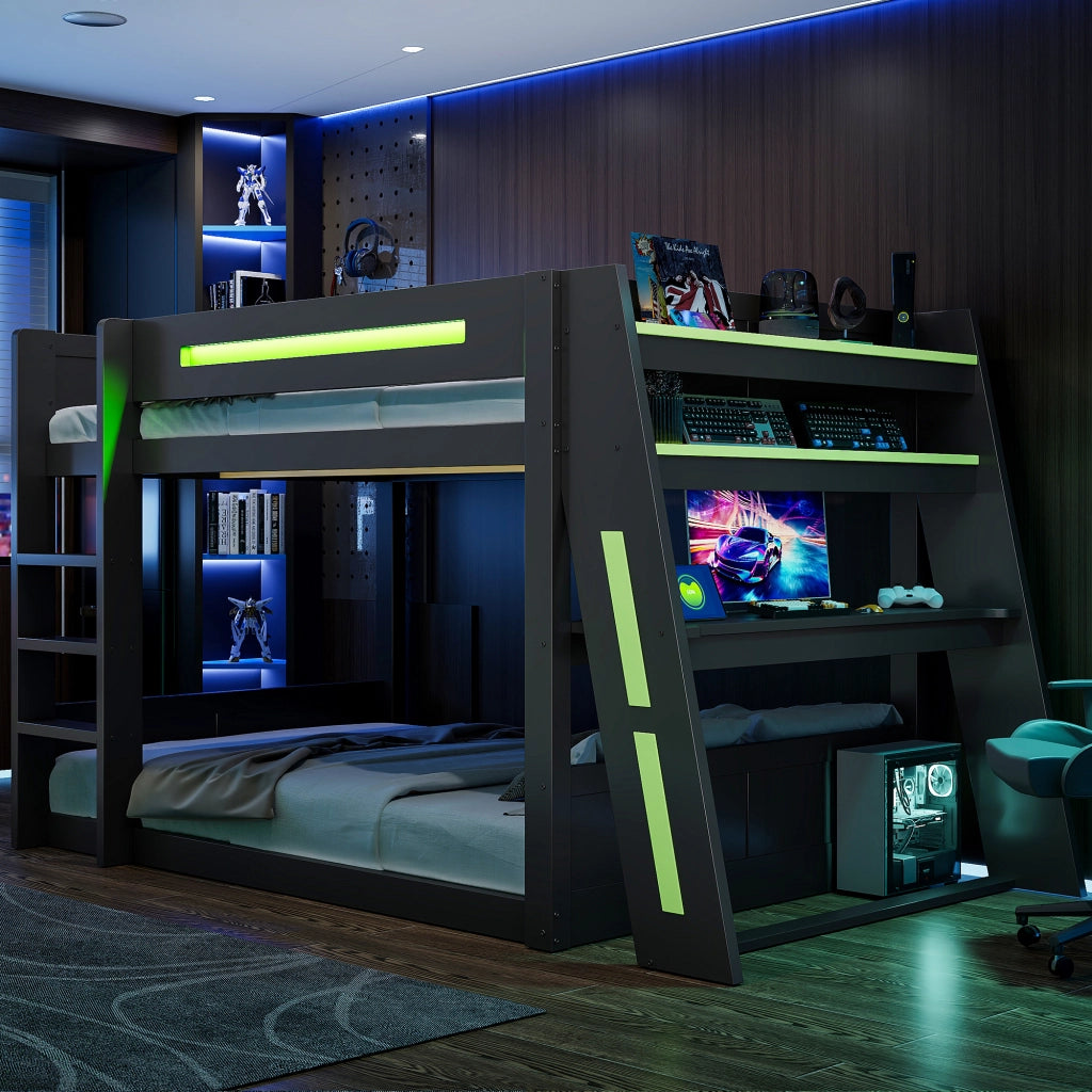 Letto a Castello Gaming in Legno con Scrivania, LED e USB ¨C MINIMAL ¨C Nero, 140x200 cm