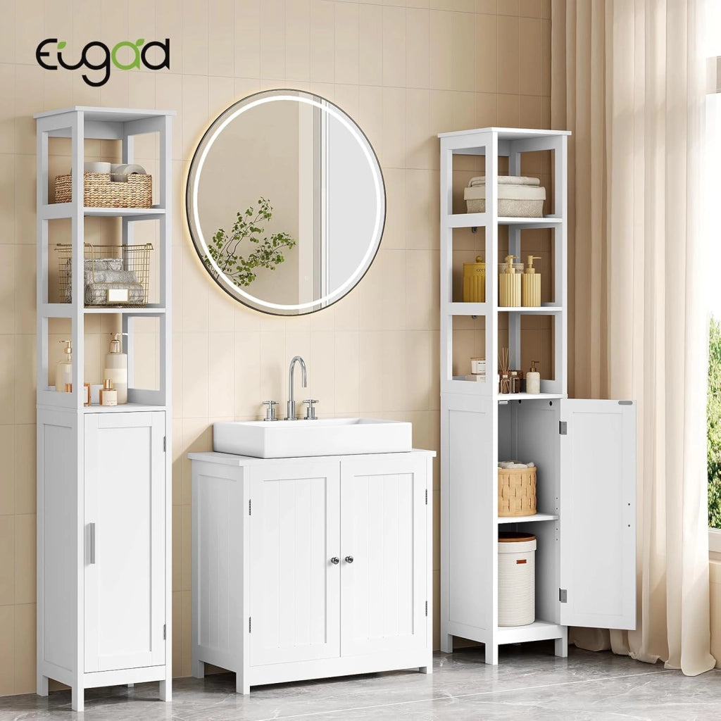 Mobile Alto da Bagno, Mobiletto da Bagno, con 3 Scomparti Aperti, 30x30x163 cm, Portaoggetti, Mobiletto Salvaspazio Stretto, per Bagno, Soggiorno, Studio e Ufficio, Bianco 002WDG